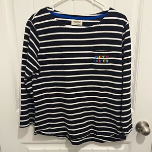 Sugarhill Brighton Women's Black White Striped Embroidered 3/4 Sleeve Top Sz 10